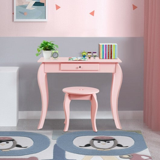 Kids Princess Makeup Dressing Play Table Set with Mirror -Pink - Color: Pink - Minihomy