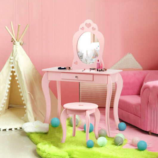 Kids Princess Makeup Dressing Play Table Set with Mirror -Pink - Minihomy