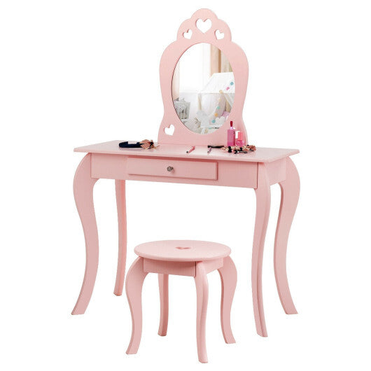 Kids Princess Makeup Dressing Play Table Set with Mirror -Pink - Minihomy