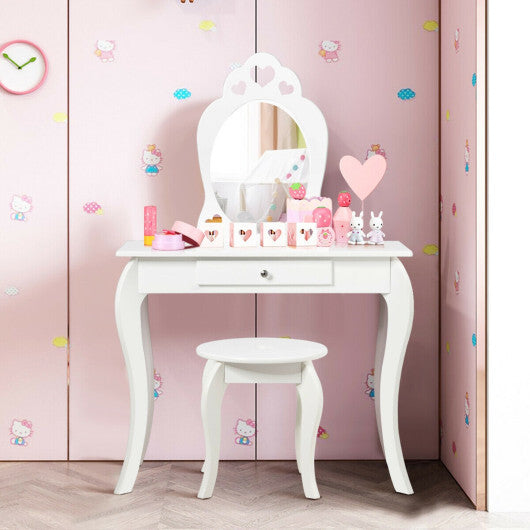 Kids Princess Makeup Dressing Play Table Set with Mirror -Pink - Minihomy