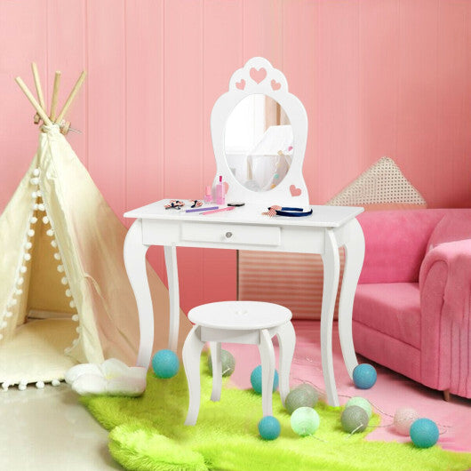 Kids Princess Makeup Dressing Play Table Set with Mirror -Pink - Minihomy