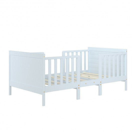 2-in-1 Convertible Kids Wooden Bedroom Furniture with Guardrails-White - Minihomy