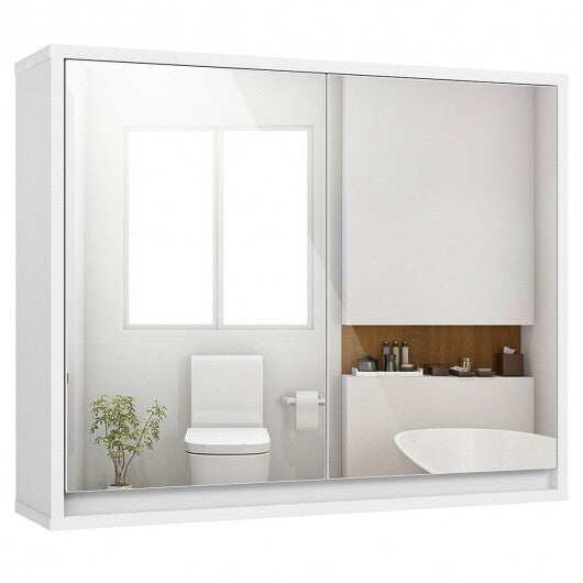 2-Door Wall-Mounted Bathroom Mirrored Medicine Cabinet - Color: White - Minihomy