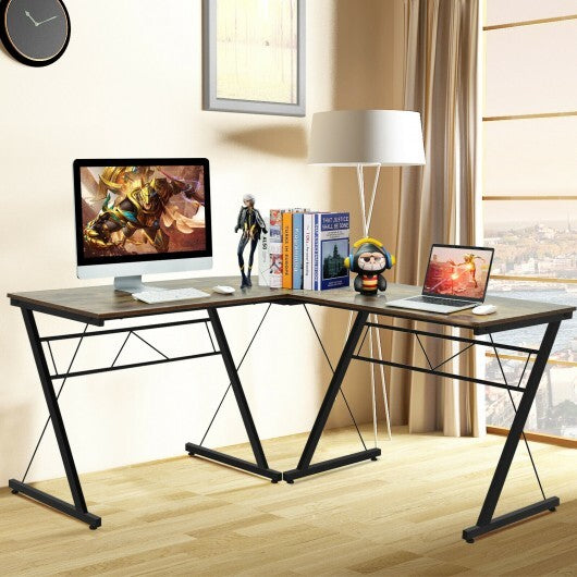 59 Inches L-Shaped Corner Desk Computer Table for Home Office Study Workstation-Brown - Color: Brown - Minihomy