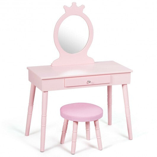 Kids Vanity Makeup Table and Chair Set Make Up Stool - Color: Pink - Minihomy