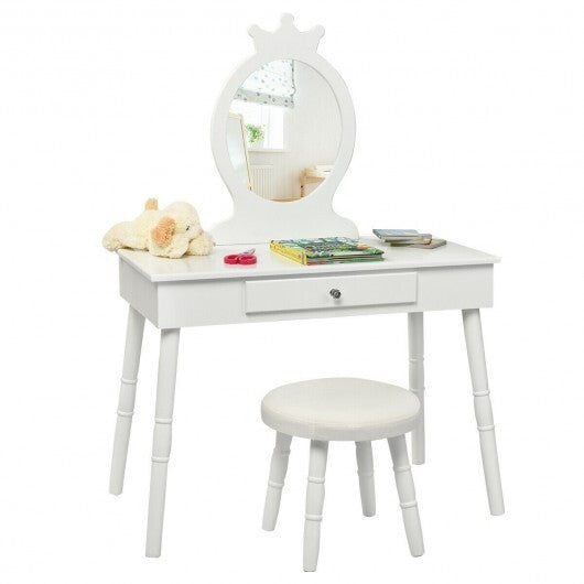 Kids Vanity Makeup Table & Chair Set Make Up Stool-White - Color: White - Minihomy