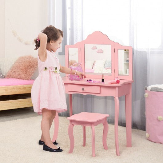 Kids Makeup Dressing Mirror Vanity Table Stool Set-Pink - Color: Pink - Minihomy