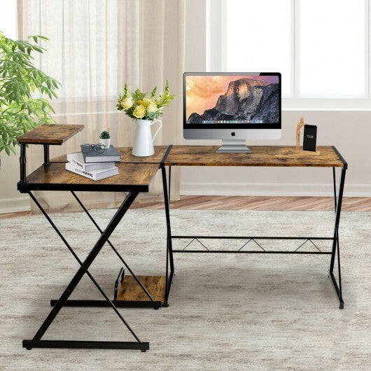 L-Shaped Desk Reversible Corner Computer Desk with Movable Shelf and CPU Stand-Rustic Brown - Color: Rustic Brown - Minihomy