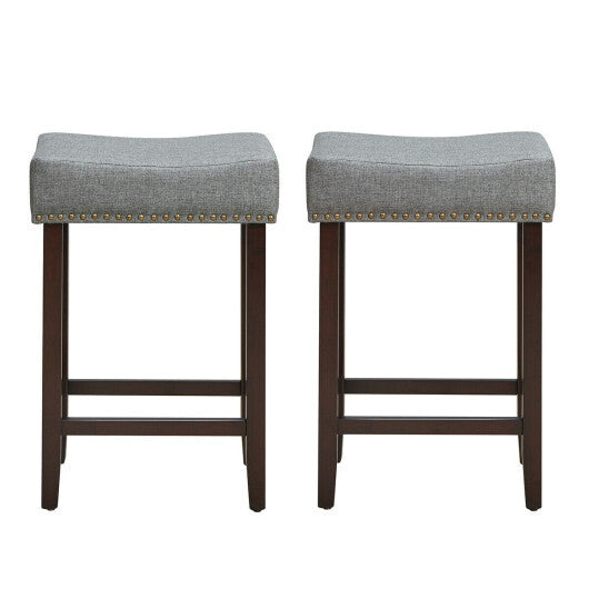 2 Pieces Nailhead Saddle Bar Stools with Fabric Seat and Wood Legs-Gray - Minihomy