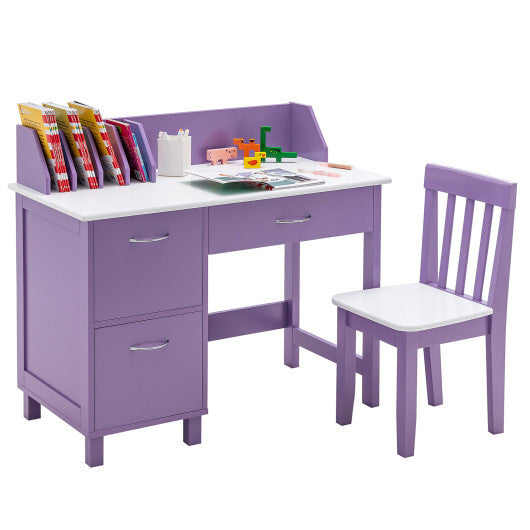 Kids Wooden Writing Furniture Set with Drawer and Storage Cabinet-Purple - Color: Purple - Minihomy