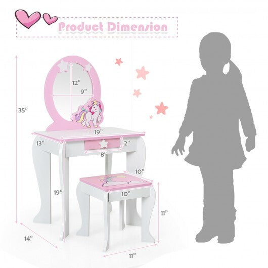 Kids Wooden Makeup Dressing Table and Chair Set with Mirror and Drawer-White - Color: White - Minihomy