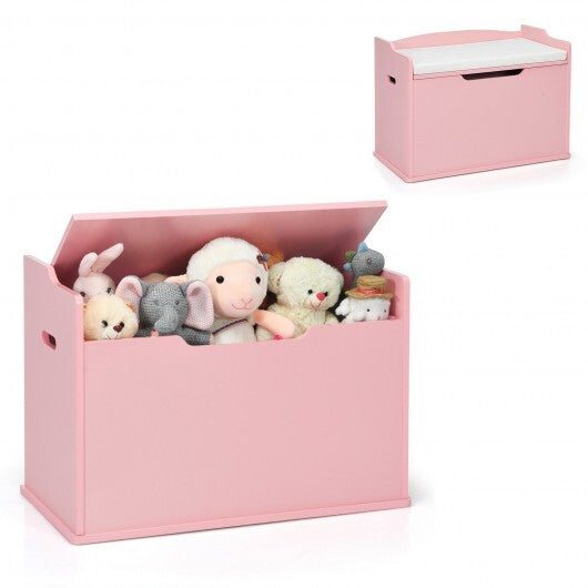 Kids Toy Wooden Flip-top Storage Box Chest Bench with Cushion Hinge-Pink - Color: Pink - Minihomy