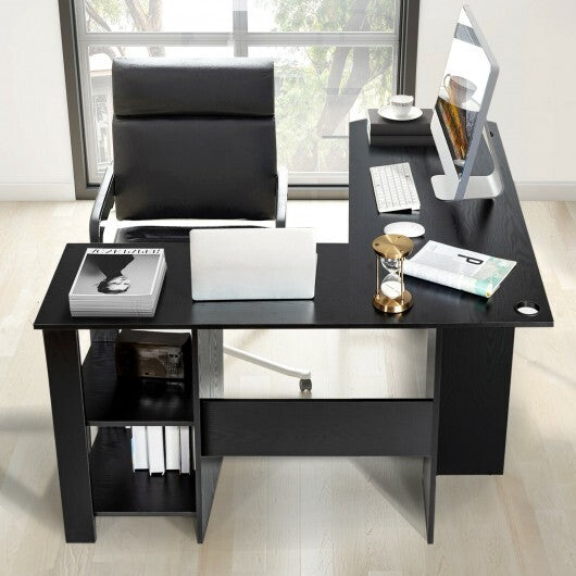 Modern L-Shaped Computer Desk with Shelves-Black - Color: Black - Minihomy