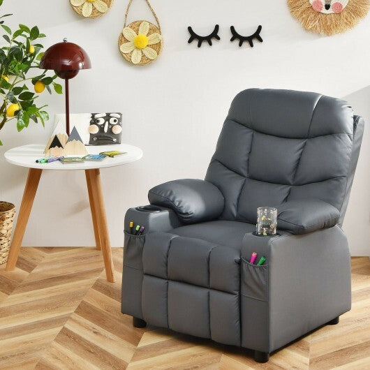 PU Leather Kids Recliner Chair with Cup Holders and Side Pockets-Gray - Color: Gray