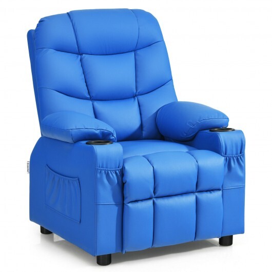 PU Leather Kids Recliner Chair with Cup Holders and Side Pockets-Blue - Color: Blue