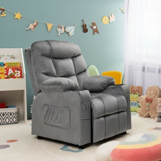 Kids PU Leather/Velvet Fabric Kids Recliner Chair with Cup Holders-Light Gray - Color: Light Gray - Minihomy