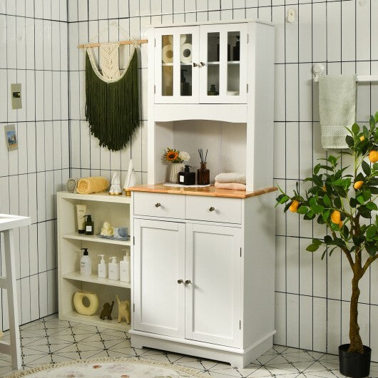 Kitchen Pantry Cabinet with Wood Top and Hutch-White - Minihomy