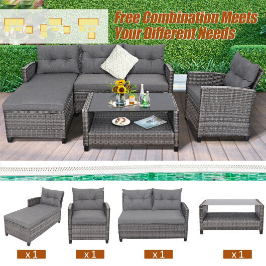 4 Pieces Patio Rattan Furniture Set with Cushion and Table Shelf-Gray - Color: Gray - Minihomy