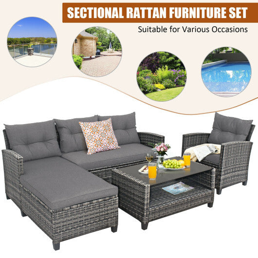 4 Pieces Patio Rattan Furniture Set with Cushion and Table Shelf-Gray - Color: Gray - Minihomy