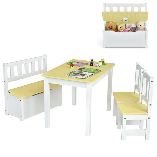 4 Pieces Kids Wooden Activity Table and Chairs Set with Storage Bench and Study Desk-Natural - Color: Natural - Minihomy