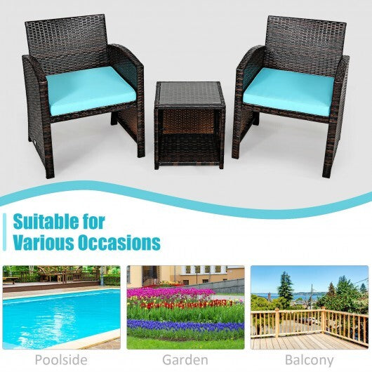 3 Pieces PE Rattan Wicker Furniture Set with Cushion Sofa Coffee Table for Garden-Turquoise - Color: Turquoise - Minihomy