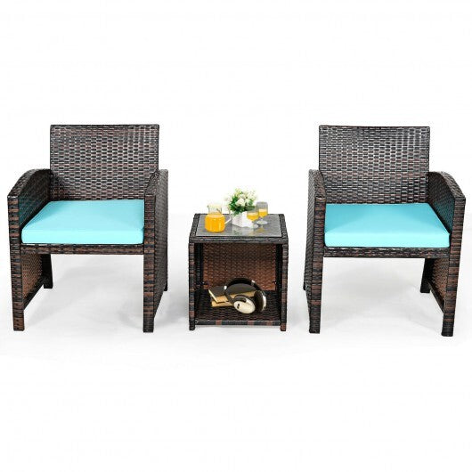 3 Pieces PE Rattan Wicker Furniture Set with Cushion Sofa Coffee Table for Garden-Turquoise - Color: Turquoise - Minihomy