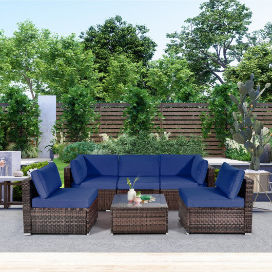 6 Pieces Patio Rattan Furniture Set with Cushions and Glass Coffee Table-Navy - Color: Navy - Minihomy