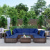 6 Pieces Patio Rattan Furniture Set with Cushions and Glass Coffee Table-Navy - Color: Navy - Minihomy