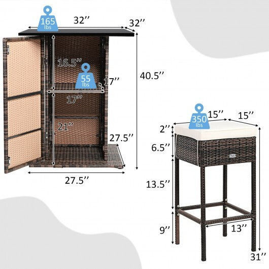 5 Pieces Patio Rattan Bar Table Stool Set Hidden Storage Shelf Cushioned-White - Minihomy