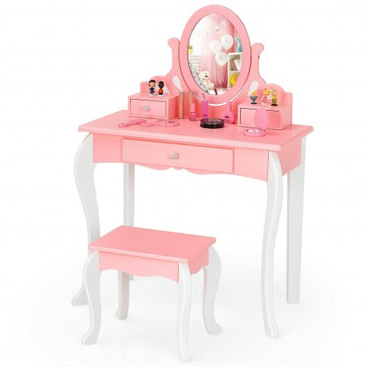 Kids Vanity Princess Makeup Dressing Table Stool Set with Mirror and Drawer-Pink - Color: Pink - Minihomy