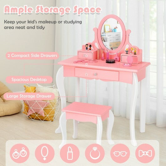 Kids Vanity Princess Makeup Dressing Table Stool Set with Mirror and Drawer-Pink - Color: Pink - Minihomy