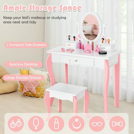 Kids Vanity Princess Makeup Dressing Table Stool Set with Mirror and Drawer-White - Color: White - Minihomy