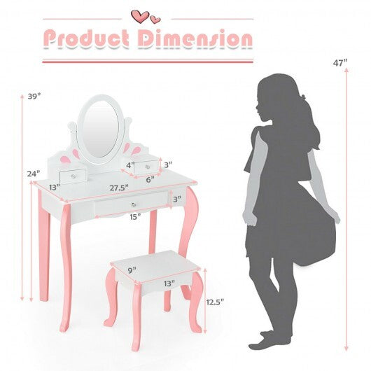 Kids Vanity Princess Makeup Dressing Table Stool Set with Mirror and Drawer-White - Color: White - Minihomy