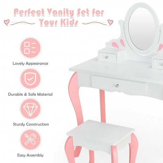 Kids Vanity Princess Makeup Dressing Table Stool Set with Mirror and Drawer-White - Color: White - Minihomy