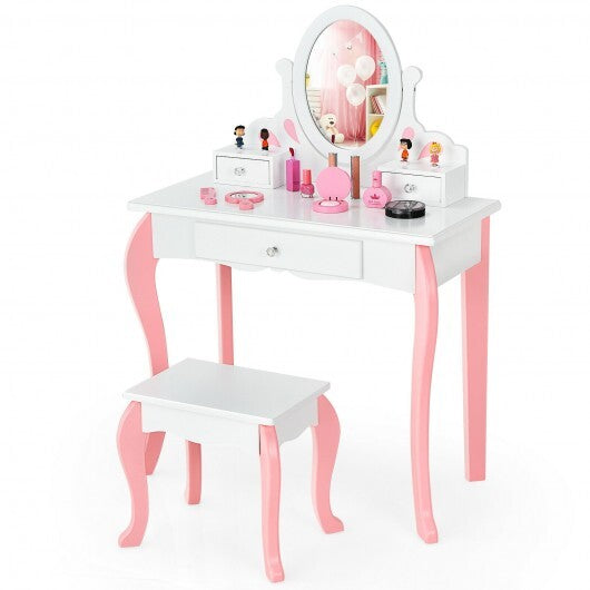 Kids Vanity Princess Makeup Dressing Table Stool Set with Mirror and Drawer-Pink - Minihomy