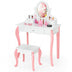 Kids Vanity Princess Makeup Dressing Table Stool Set with Mirror and Drawer-Pink - Minihomy