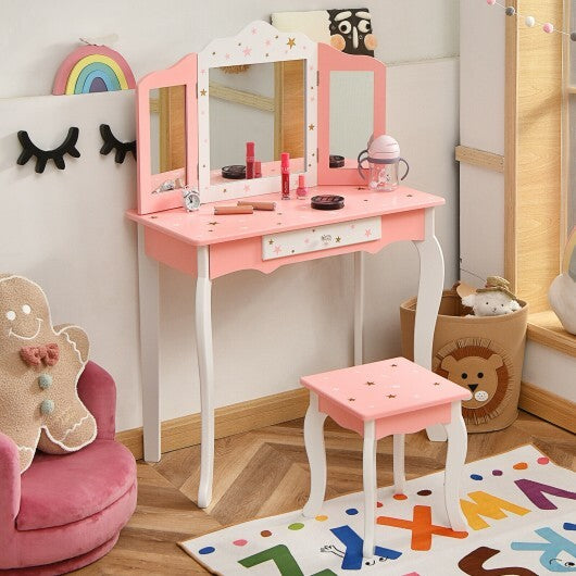 Kids Princess Vanity Table and Stool Set with Tri-folding Mirror and Drawer-Pink - Minihomy