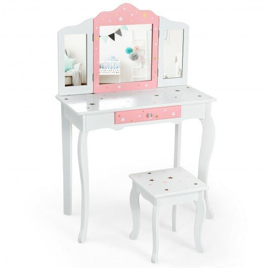 Kids Princess Vanity Table and Stool Set with Tri-folding Mirror and Drawer-Pink - Minihomy