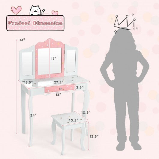 Kids Princess Vanity Table and Stool Set with Tri-folding Mirror and Drawer-Pink - Minihomy