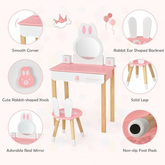 Kids Vanity Set Rabbit Makeup Dressing Table Chair Set with Mirror and Drawer-Pink - Color: Pink - Minihomy