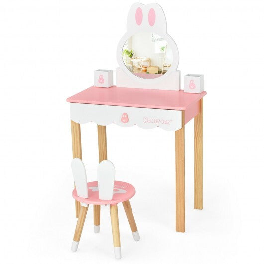 Kids Vanity Set Rabbit Makeup Dressing Table Chair Set with Mirror and Drawer-Pink - Color: Pink - Minihomy