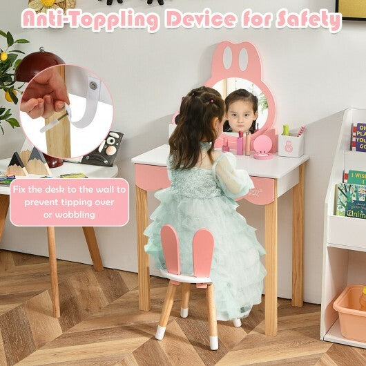 Kids Vanity Set Rabbit Makeup Dressing Table Chair Set with Mirror and Drawer-White - Color: White - Minihomy