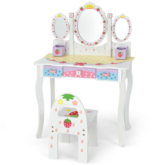 Kids Vanity Princess Makeup Dressing Table Chair Set with Tri-fold Mirror-White - Color: White - Minihomy