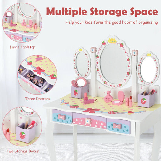 Kids Vanity Princess Makeup Dressing Table Chair Set with Tri-fold Mirror-White - Color: White - Minihomy