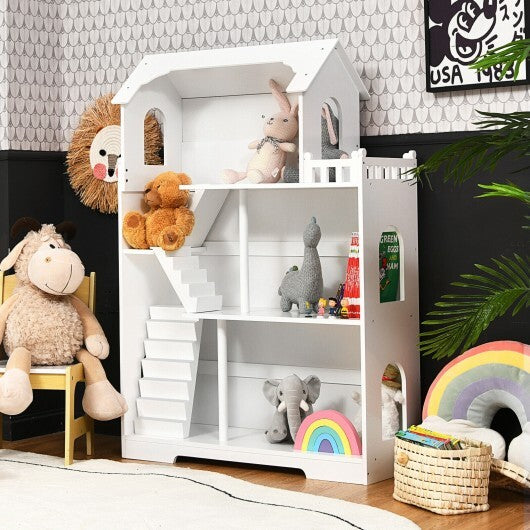 Kids Wooden Dollhouse Bookshelf with Anti-Tip Design and Storage Space-White - Color: White - Minihomy