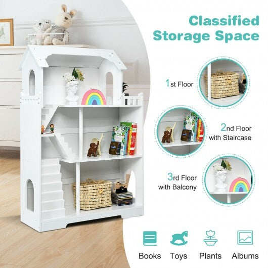 Kids Wooden Dollhouse Bookshelf with Anti-Tip Design and Storage Space-White - Color: White - Minihomy