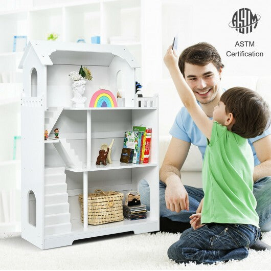 Kids Wooden Dollhouse Bookshelf with Anti-Tip Design and Storage Space-White - Color: White - Minihomy