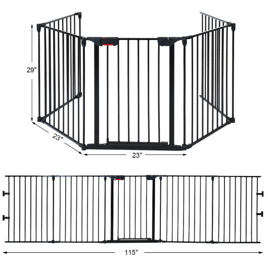 115 Inch Length 5 Panel Adjustable Wide Fireplace Fence-Black - Color: Black - Minihomy