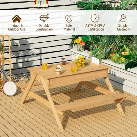 3-in-1 Kids Picnic Table Wooden Outdoor Water Sand Table with Play Boxes - Color: Natural - Minihomy