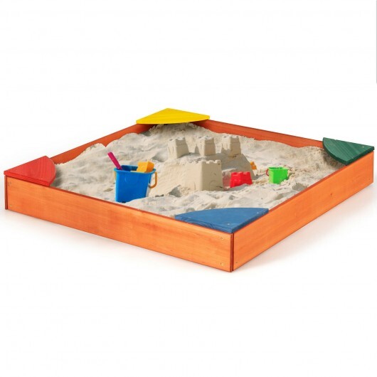 Kids Outdoor Wooden Backyard Sandbox with Built-in Corner Seating - Color: Multicolor - Minihomy